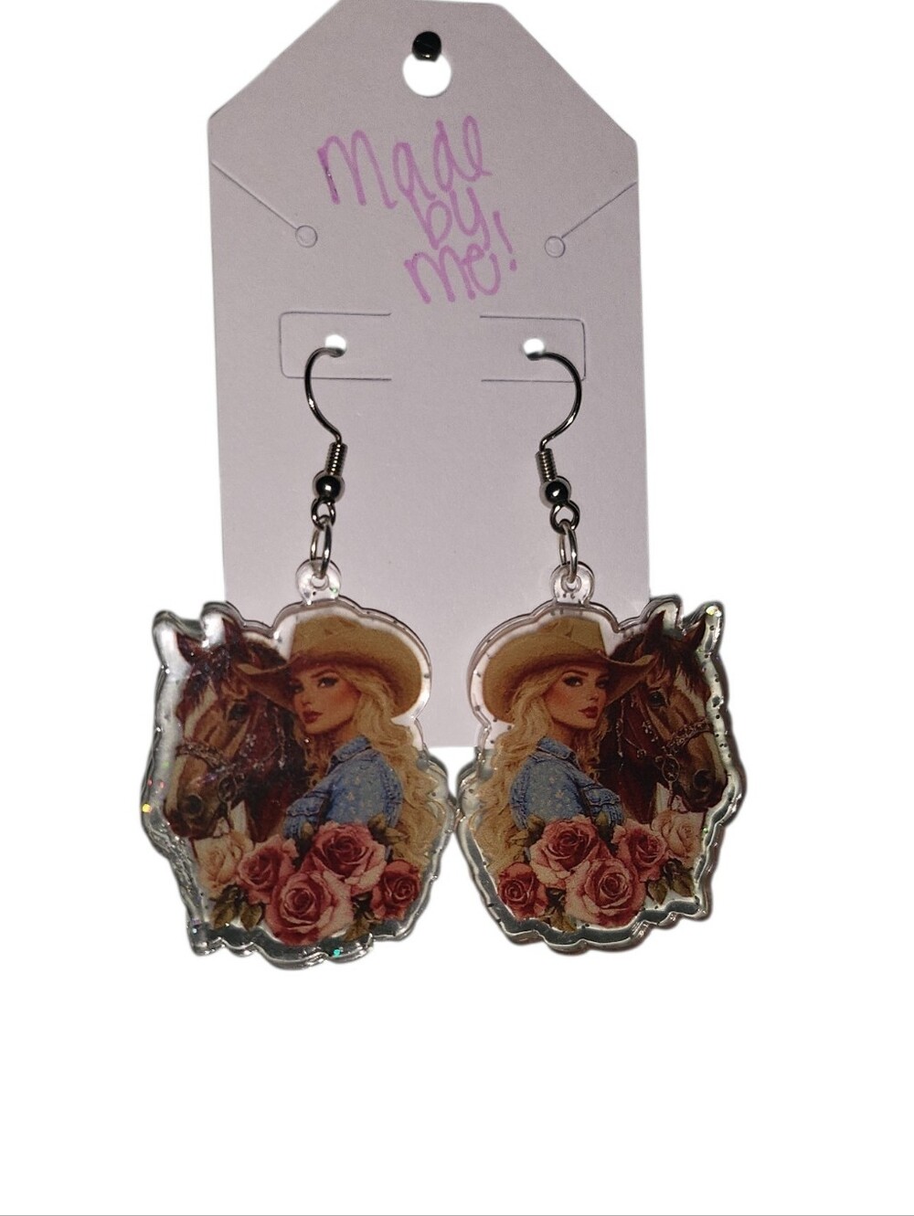 Western Cowgirl Rose Acrylic Dangle Earrings - Pink & Brown